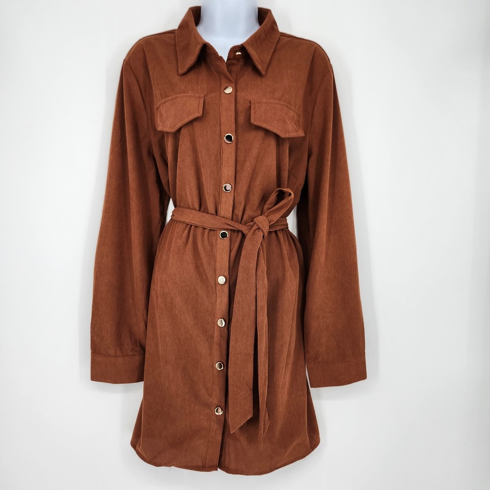 Cupshe NWT Brown Belted Corduroy Mini Dress Womens Large Earthy Indie‎ Downtown